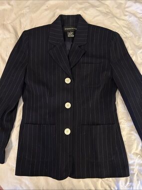 Andrea Jovine Dark Navy Pinstripe suitTailored Blazer/skirt-with White Buttons